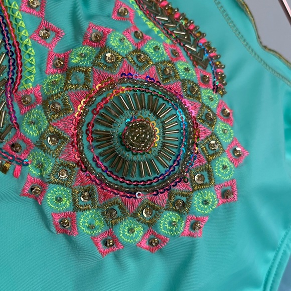 Embroidered beaded Colombian Mexican trikini monokini swimsuit mint/aqua color - Picture 3 of 9